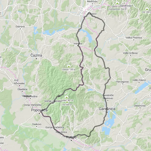 Map miniature of "Kutina to Velika Trnovitica" cycling inspiration in Panonska Hrvatska, Croatia. Generated by Tarmacs.app cycling route planner