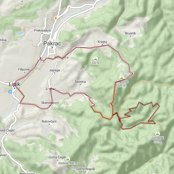 Map miniature of "Lipik Gravel Adventure" cycling inspiration in Panonska Hrvatska, Croatia. Generated by Tarmacs.app cycling route planner