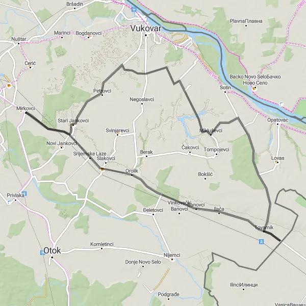 Map miniature of "The Route through Stari Jankovci and Mikluševci" cycling inspiration in Panonska Hrvatska, Croatia. Generated by Tarmacs.app cycling route planner