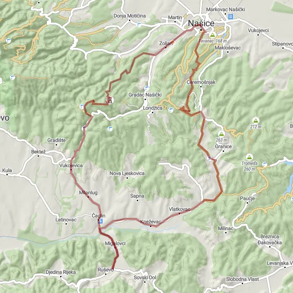 Map miniature of "Adrenaline Rush: Conquering Challenging Gravel Trails" cycling inspiration in Panonska Hrvatska, Croatia. Generated by Tarmacs.app cycling route planner
