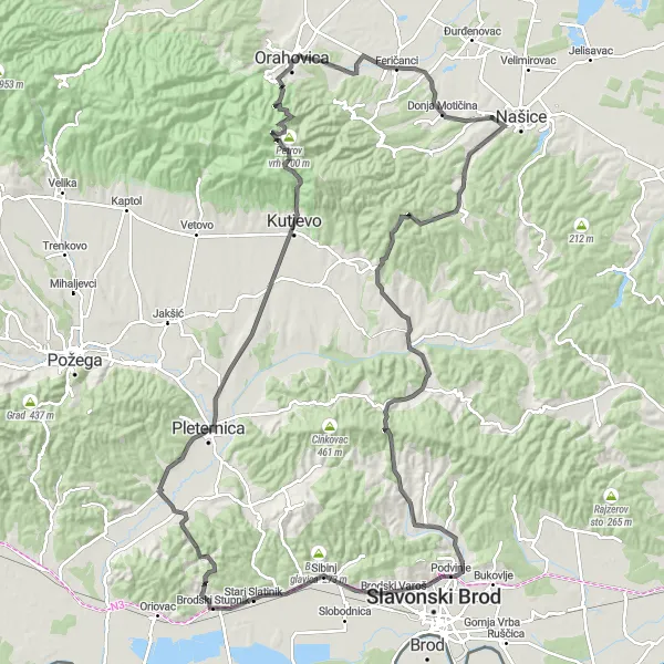 Map miniature of "Panoramic Adventure: Summiting Mountains and Exploring Villages" cycling inspiration in Panonska Hrvatska, Croatia. Generated by Tarmacs.app cycling route planner