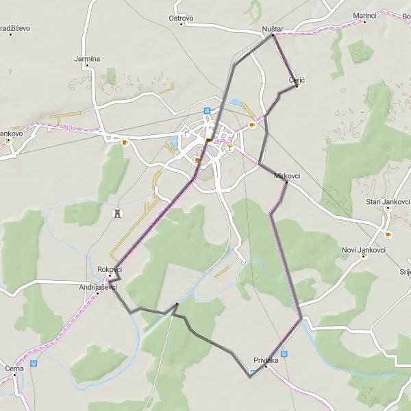 Map miniature of "The Vinkovci Adventure" cycling inspiration in Panonska Hrvatska, Croatia. Generated by Tarmacs.app cycling route planner