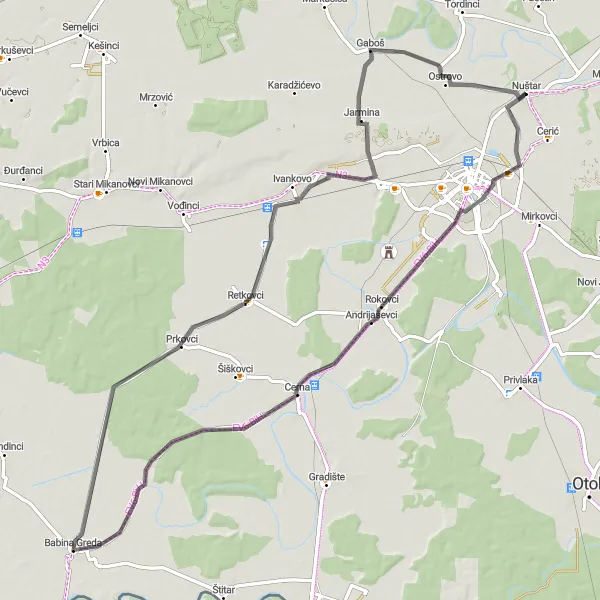 Map miniature of "The Road to Babina Greda" cycling inspiration in Panonska Hrvatska, Croatia. Generated by Tarmacs.app cycling route planner