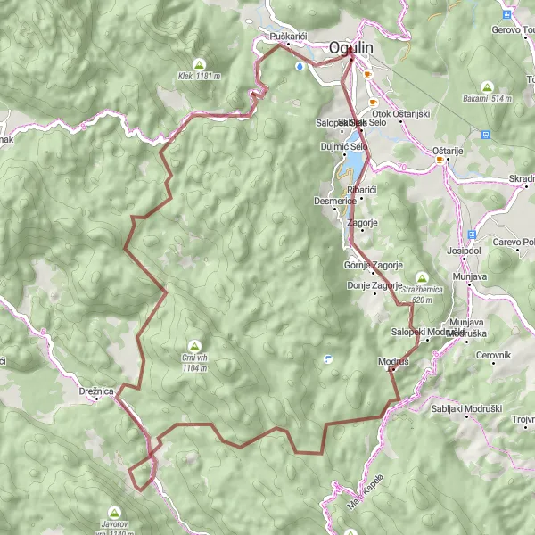 Map miniature of "The Gravel Wonders of Ogulin" cycling inspiration in Panonska Hrvatska, Croatia. Generated by Tarmacs.app cycling route planner