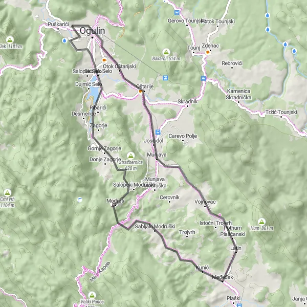 Map miniature of "Scenic Road Cycling Adventure near Ogulin" cycling inspiration in Panonska Hrvatska, Croatia. Generated by Tarmacs.app cycling route planner