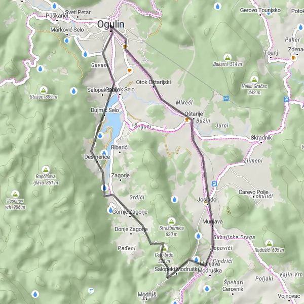 Map miniature of "Ogulin Unwind" cycling inspiration in Panonska Hrvatska, Croatia. Generated by Tarmacs.app cycling route planner