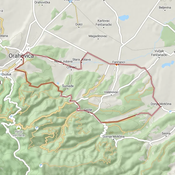 Map miniature of "Gravel Adventure to Orahovica" cycling inspiration in Panonska Hrvatska, Croatia. Generated by Tarmacs.app cycling route planner