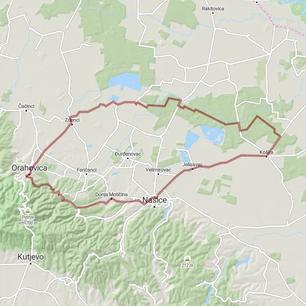 Map miniature of "Gravel Adventure near Orahovica" cycling inspiration in Panonska Hrvatska, Croatia. Generated by Tarmacs.app cycling route planner