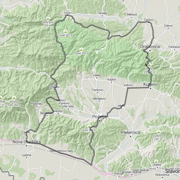 Map miniature of "The Hills and Valleys" cycling inspiration in Panonska Hrvatska, Croatia. Generated by Tarmacs.app cycling route planner