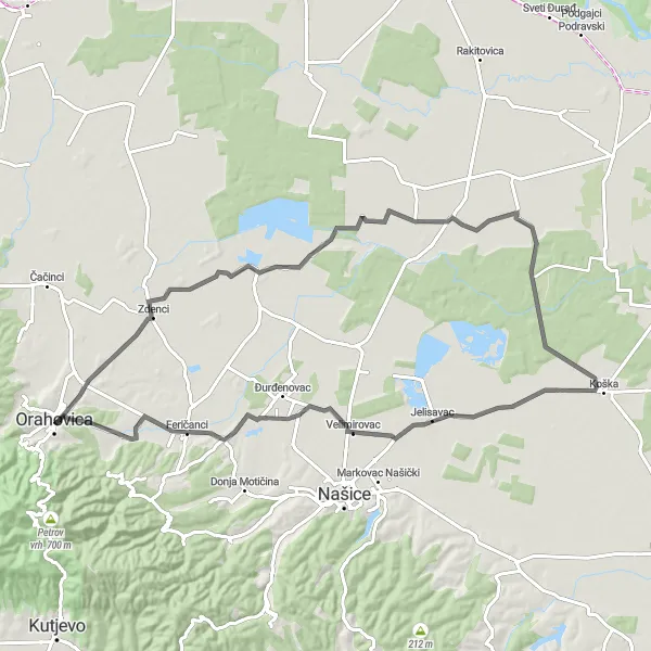 Map miniature of "Cycling the Countryside of Virovitica" cycling inspiration in Panonska Hrvatska, Croatia. Generated by Tarmacs.app cycling route planner