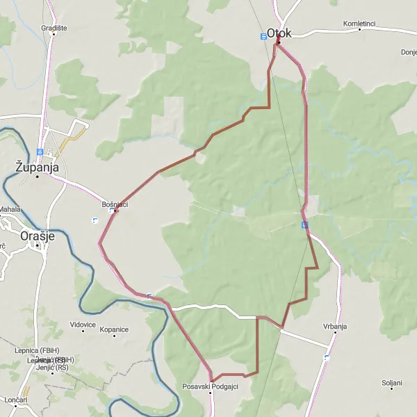 Map miniature of "Panonska Hrvatska Gravel Tour" cycling inspiration in Panonska Hrvatska, Croatia. Generated by Tarmacs.app cycling route planner