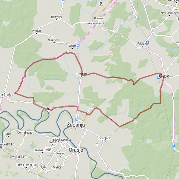 Map miniature of "Panonska Hrvatska Gravel Journey" cycling inspiration in Panonska Hrvatska, Croatia. Generated by Tarmacs.app cycling route planner