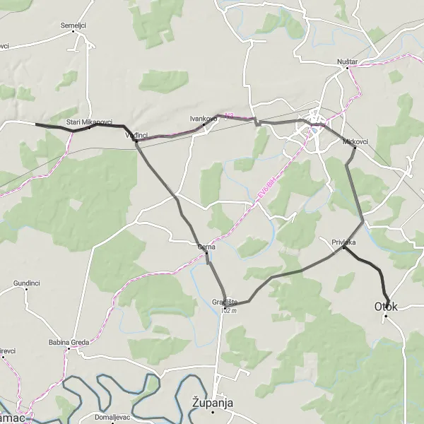 Map miniature of "Panonska Hrvatska Road Route 3" cycling inspiration in Panonska Hrvatska, Croatia. Generated by Tarmacs.app cycling route planner
