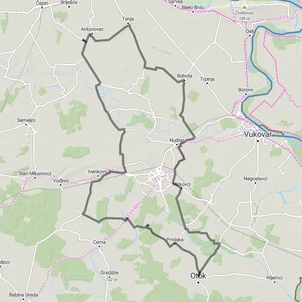 Map miniature of "Panonska Hrvatska Road Excursion" cycling inspiration in Panonska Hrvatska, Croatia. Generated by Tarmacs.app cycling route planner