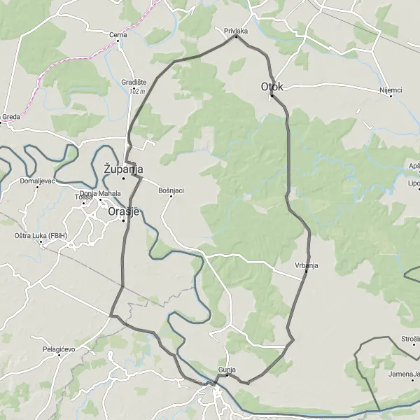 Map miniature of "Panonska Hrvatska Road Ride" cycling inspiration in Panonska Hrvatska, Croatia. Generated by Tarmacs.app cycling route planner