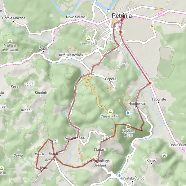 Map miniature of "Petrinja Panorama Gravel Route" cycling inspiration in Panonska Hrvatska, Croatia. Generated by Tarmacs.app cycling route planner