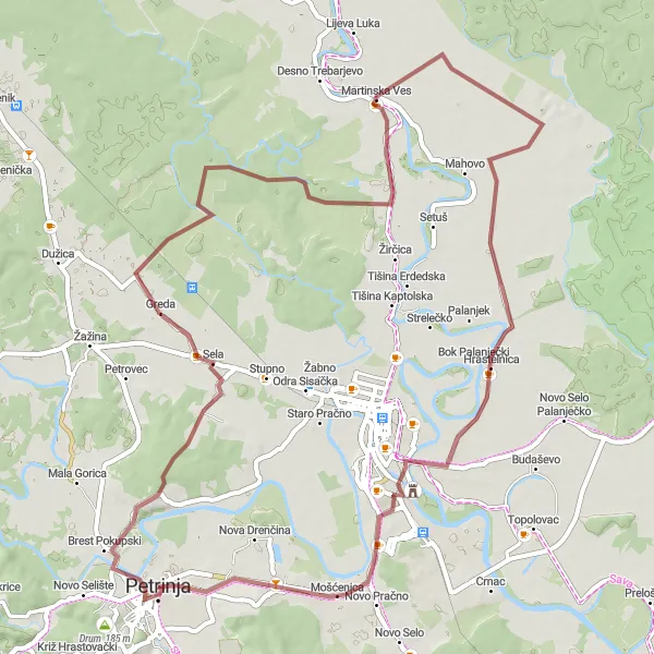 Map miniature of "Petrinjska Posavka Gravel Route" cycling inspiration in Panonska Hrvatska, Croatia. Generated by Tarmacs.app cycling route planner