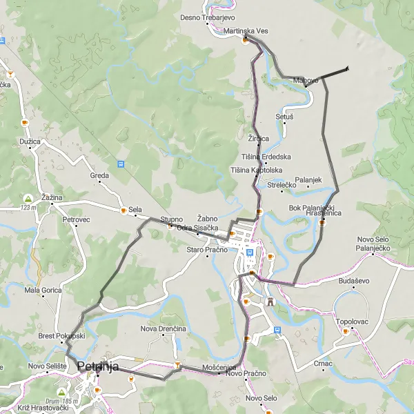 Map miniature of "The Odra Sisačka Loop" cycling inspiration in Panonska Hrvatska, Croatia. Generated by Tarmacs.app cycling route planner