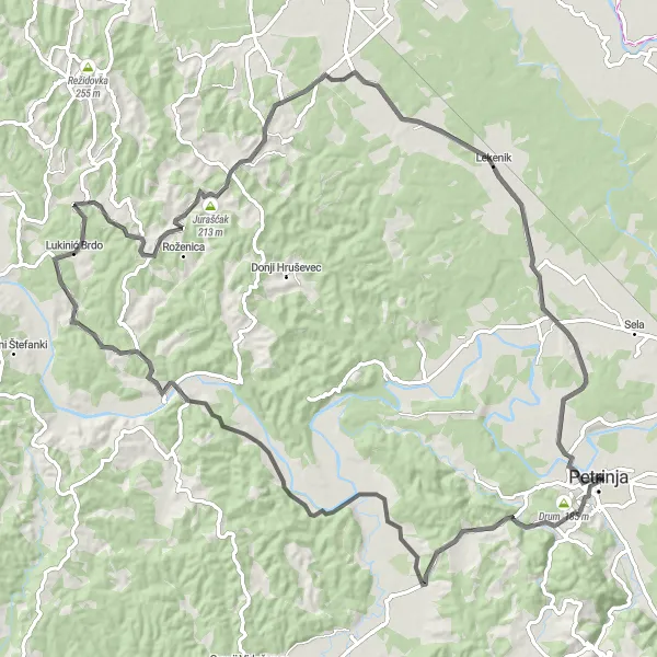 Map miniature of "Scenic Countryside Road Route" cycling inspiration in Panonska Hrvatska, Croatia. Generated by Tarmacs.app cycling route planner