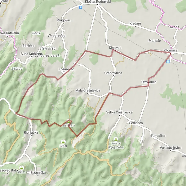 Map miniature of "Pitomača Gravel Loop" cycling inspiration in Panonska Hrvatska, Croatia. Generated by Tarmacs.app cycling route planner