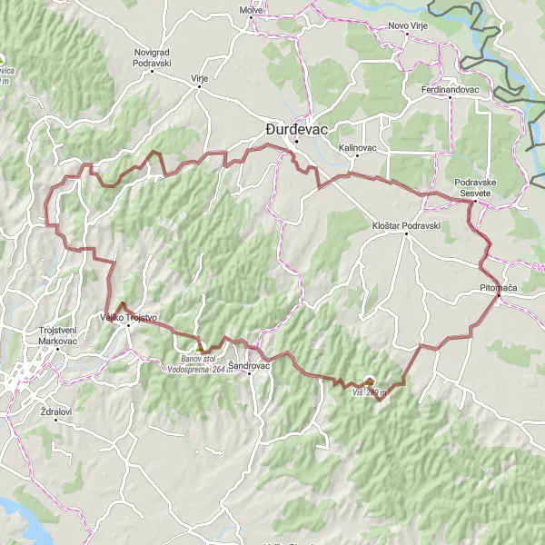 Map miniature of "Pitomača Gravel Adventure" cycling inspiration in Panonska Hrvatska, Croatia. Generated by Tarmacs.app cycling route planner