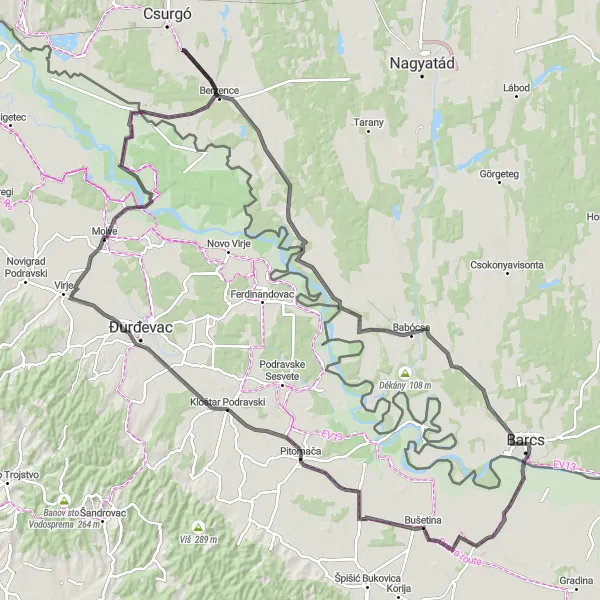 Map miniature of "Pitomača to Kloštar Podravski" cycling inspiration in Panonska Hrvatska, Croatia. Generated by Tarmacs.app cycling route planner