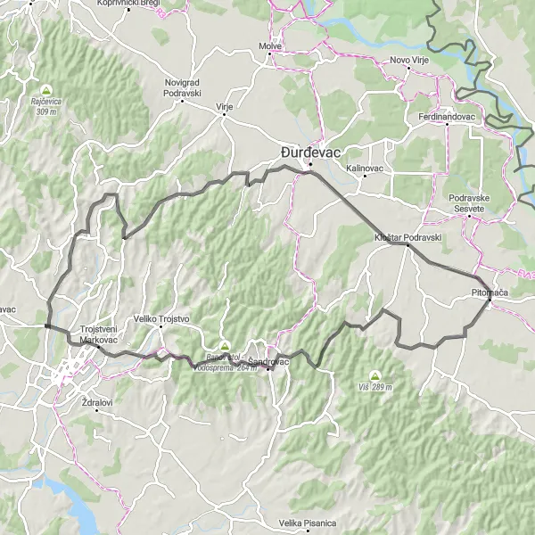 Map miniature of "Pitomača to Kozarevac Loop" cycling inspiration in Panonska Hrvatska, Croatia. Generated by Tarmacs.app cycling route planner