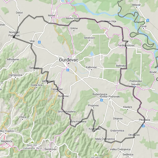 Map miniature of "Pitomača to Novigrad Podravski Loop" cycling inspiration in Panonska Hrvatska, Croatia. Generated by Tarmacs.app cycling route planner