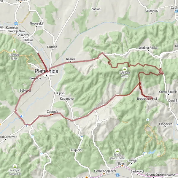 Map miniature of "Obriščica Loop" cycling inspiration in Panonska Hrvatska, Croatia. Generated by Tarmacs.app cycling route planner