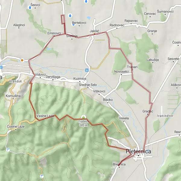 Map miniature of "Gravel Adventure near Pleternica" cycling inspiration in Panonska Hrvatska, Croatia. Generated by Tarmacs.app cycling route planner