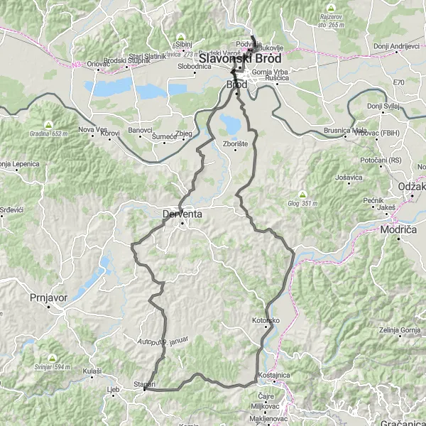Map miniature of "Podvinje - Čivčije Bukovičke - Stanari - Cerani - Brod - Tomica" cycling inspiration in Panonska Hrvatska, Croatia. Generated by Tarmacs.app cycling route planner