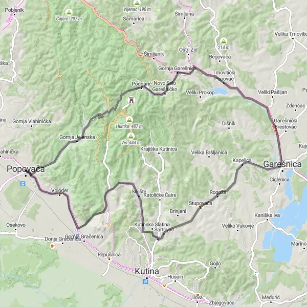 Map miniature of "Popovača and Junjevac Circular Road Cycling Route" cycling inspiration in Panonska Hrvatska, Croatia. Generated by Tarmacs.app cycling route planner