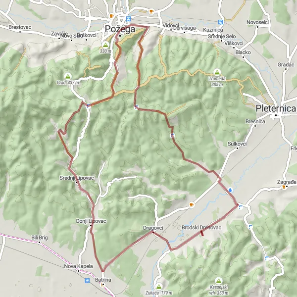 Map miniature of "Beneath the Rural Charm" cycling inspiration in Panonska Hrvatska, Croatia. Generated by Tarmacs.app cycling route planner