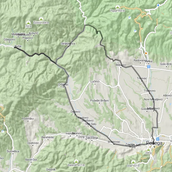 Map miniature of "Scenic Splendors" cycling inspiration in Panonska Hrvatska, Croatia. Generated by Tarmacs.app cycling route planner