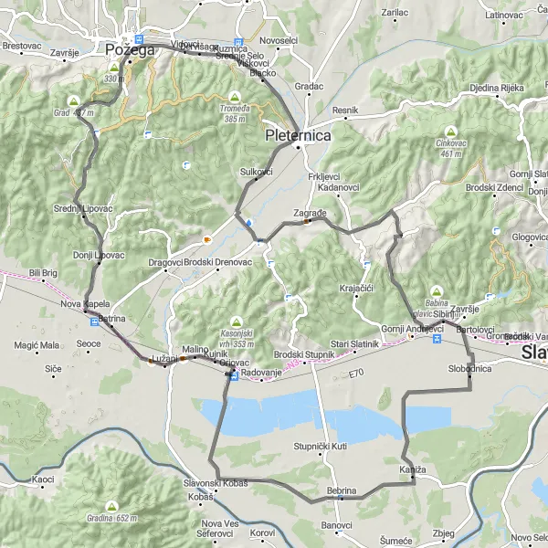 Map miniature of "The Pannonian Challenge" cycling inspiration in Panonska Hrvatska, Croatia. Generated by Tarmacs.app cycling route planner