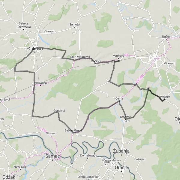 Map miniature of "Cycling Route to Vođinci" cycling inspiration in Panonska Hrvatska, Croatia. Generated by Tarmacs.app cycling route planner