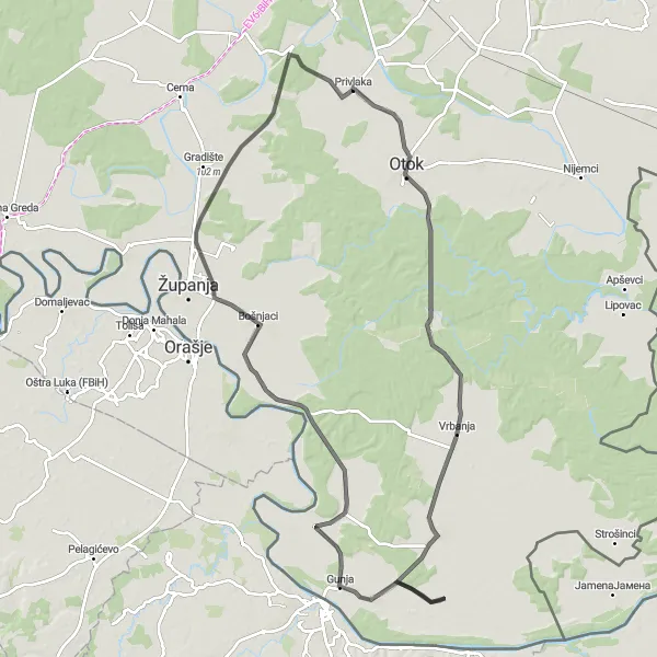 Map miniature of "Coastal Cycling Adventure to Gunja" cycling inspiration in Panonska Hrvatska, Croatia. Generated by Tarmacs.app cycling route planner