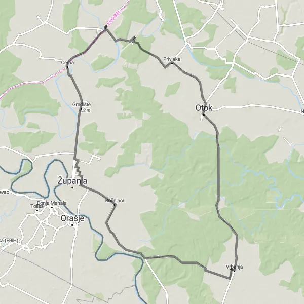 Map miniature of "The Countryside Explorer" cycling inspiration in Panonska Hrvatska, Croatia. Generated by Tarmacs.app cycling route planner