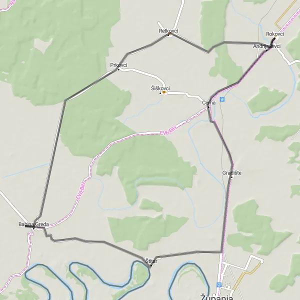 Map miniature of "Nature's Retreat" cycling inspiration in Panonska Hrvatska, Croatia. Generated by Tarmacs.app cycling route planner