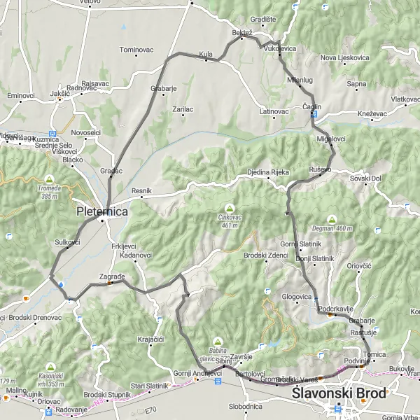 Map miniature of "Panoramic Road Ride in Panonska Hrvatska" cycling inspiration in Panonska Hrvatska, Croatia. Generated by Tarmacs.app cycling route planner