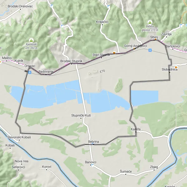 Map miniature of "Slobodnica Delight" cycling inspiration in Panonska Hrvatska, Croatia. Generated by Tarmacs.app cycling route planner