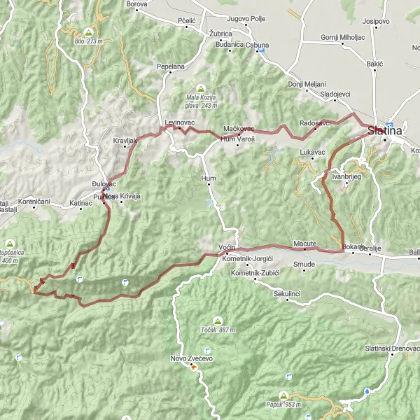 Map miniature of "Challenging Gravel Ride through Panonska Hrvatska" cycling inspiration in Panonska Hrvatska, Croatia. Generated by Tarmacs.app cycling route planner