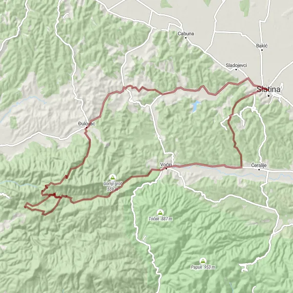 Map miniature of "Gravel Tour with Stunning Landscapes" cycling inspiration in Panonska Hrvatska, Croatia. Generated by Tarmacs.app cycling route planner