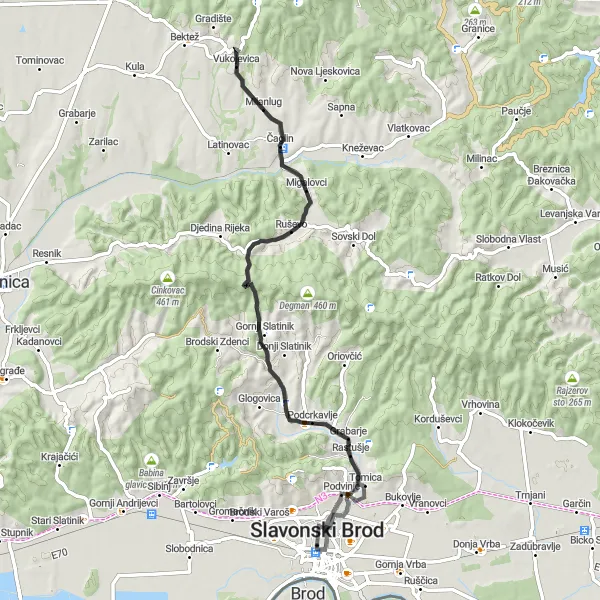 Map miniature of "Rastušje and Podcrkavlje Scenic Road Cycling Route" cycling inspiration in Panonska Hrvatska, Croatia. Generated by Tarmacs.app cycling route planner