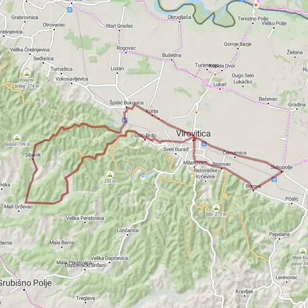 Map miniature of "Thrilling Gravel Cycling Experience" cycling inspiration in Panonska Hrvatska, Croatia. Generated by Tarmacs.app cycling route planner