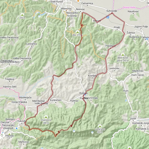 Map miniature of "Gravel Adventure" cycling inspiration in Panonska Hrvatska, Croatia. Generated by Tarmacs.app cycling route planner