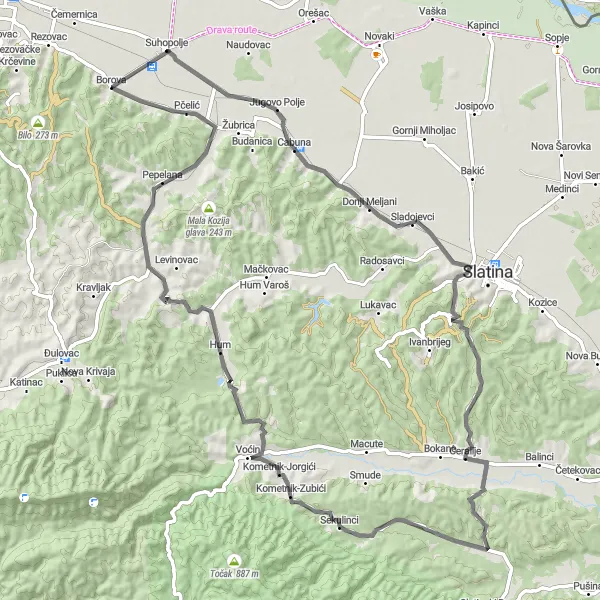 Map miniature of "Scenic Road Cycling near Suhopolje" cycling inspiration in Panonska Hrvatska, Croatia. Generated by Tarmacs.app cycling route planner