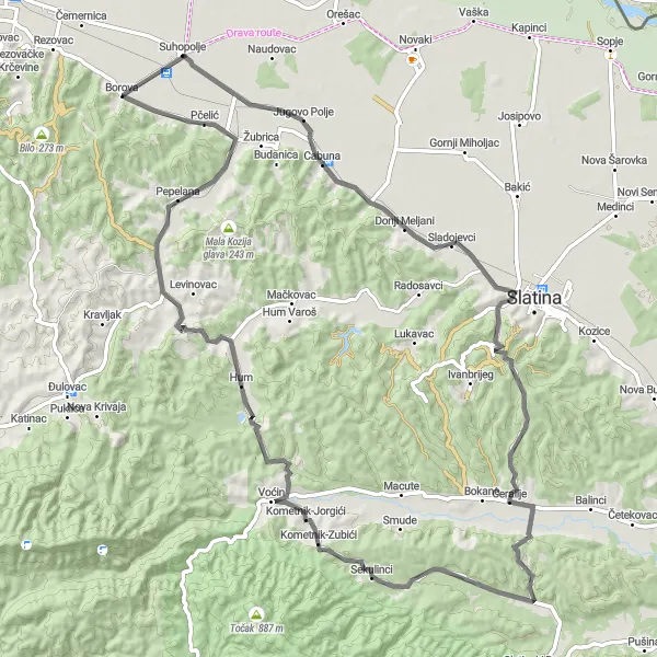 Map miniature of "Picturesque Road Cycling near Suhopolje" cycling inspiration in Panonska Hrvatska, Croatia. Generated by Tarmacs.app cycling route planner