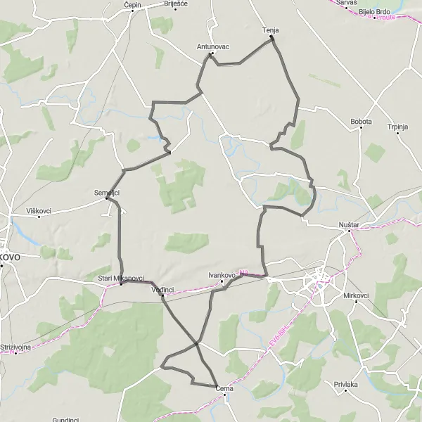 Map miniature of "Tenja to Korog Loop" cycling inspiration in Panonska Hrvatska, Croatia. Generated by Tarmacs.app cycling route planner