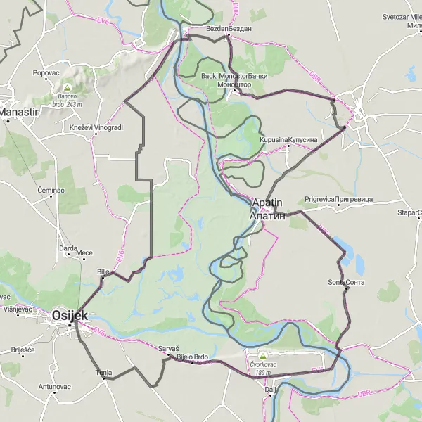 Map miniature of "Tenja to Bilje Cycling Adventure" cycling inspiration in Panonska Hrvatska, Croatia. Generated by Tarmacs.app cycling route planner